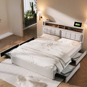 Letto matrimoniale imbottito 160x200 cm in lino beige con 4 cassetti; testiera regolabile e prese USB