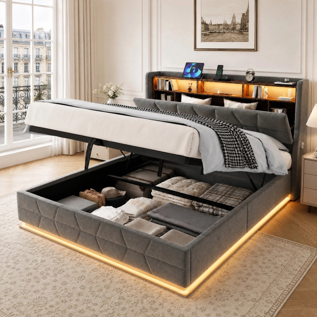 Letto matrimoniale 140x190 cm in velluto grigio scuro con LED; ripiani e presa USB/Type-C