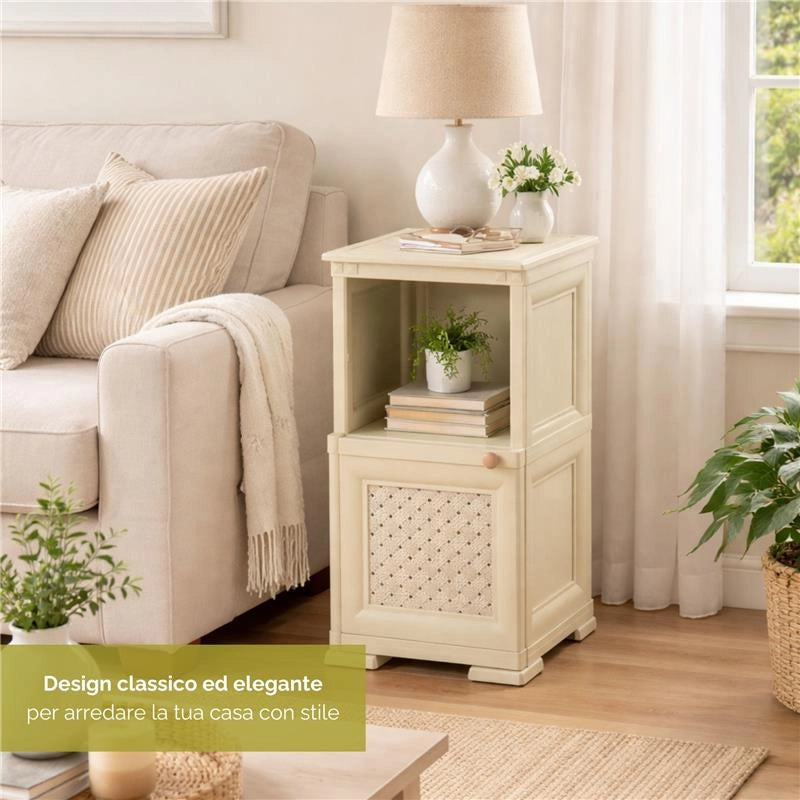 COMÒ COMODINO 2 MODULI ANGORA 40X43X85,5 CM CON ANTA TRAFORATA E VANO A GIORNO – MOBILE CONTENITORE COMPATTO PER CAMERA DA LETTO