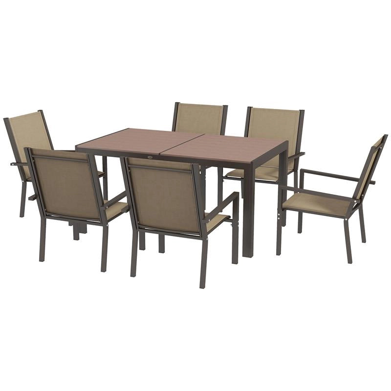 SET DA GIARDINO 7 PEZZI IN PLASTICA CON 6 SEDIE IMPILABILI E TAVOLO RETTANGOLARE, KAKI E MARRONE
