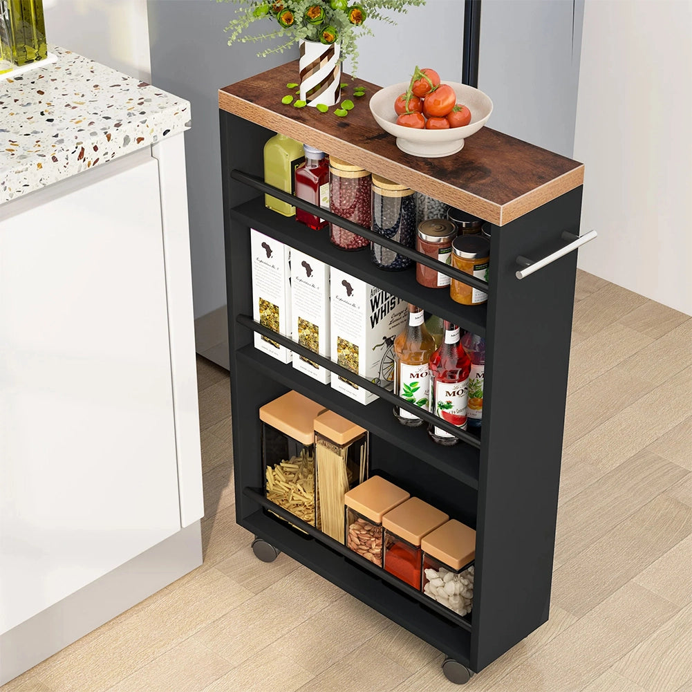 Carrello Portaoggetti Cucina Slim Salvaspazio Nero Industrial Multiuso con Ruote