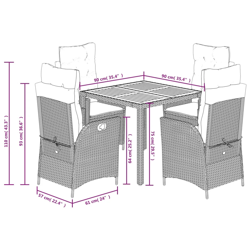 Set da Pranzo da Giardino 5 pz Nero con Cuscini in Polyrattan