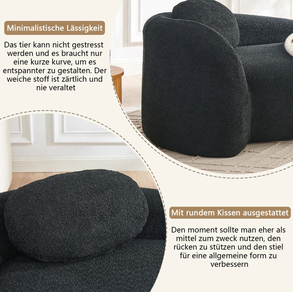 Divano minimalista in tessuto teddy nero con cuscino poggiatesta