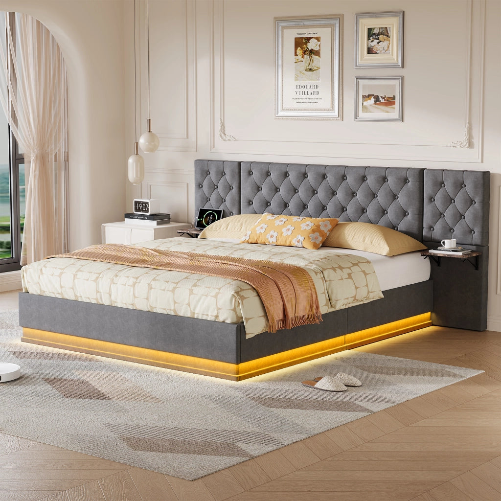 Letto matrimoniale 160x200 cm con contenitore LED USB ricarica wireless testiera con mensole rete a doghe legno metallo lino - beige