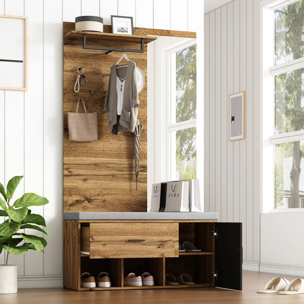Mobile da ingresso con specchio, scarpiera, panca imbottita, cassetto e ganci, in truciolare, rovere, 104 × 39 × 190 cm