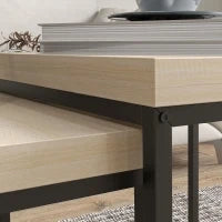 Set di 2 Tavolini Bassi Quadrati da Salotto in Telaio di Acciaio e Piani in Pannelli di Particelle, Legno Naturale