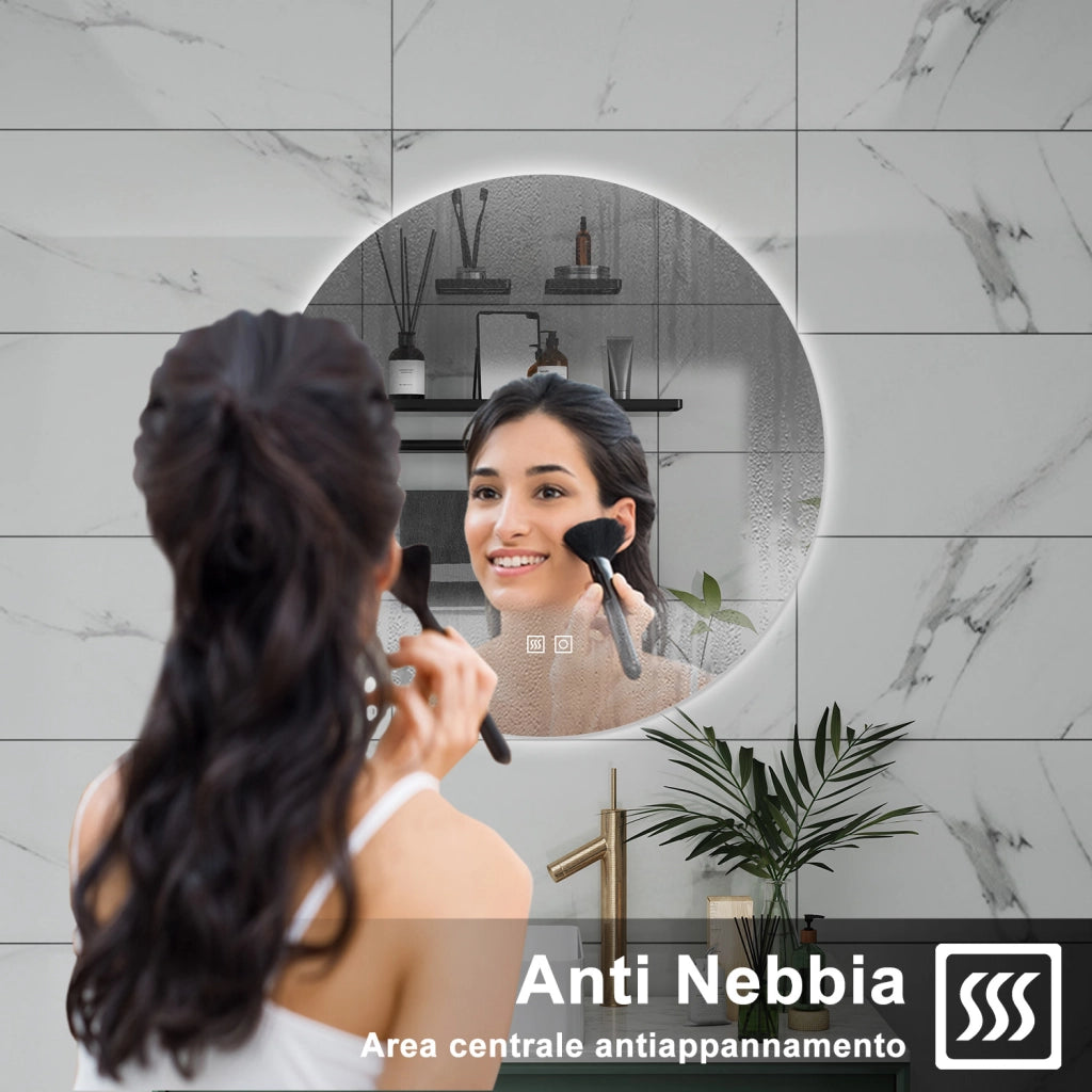 AICA Specchio da bagno 70 x 70 cm, 3 colori, antiappannamento, dimmerabile, interruttore touch, Funzione Memoria