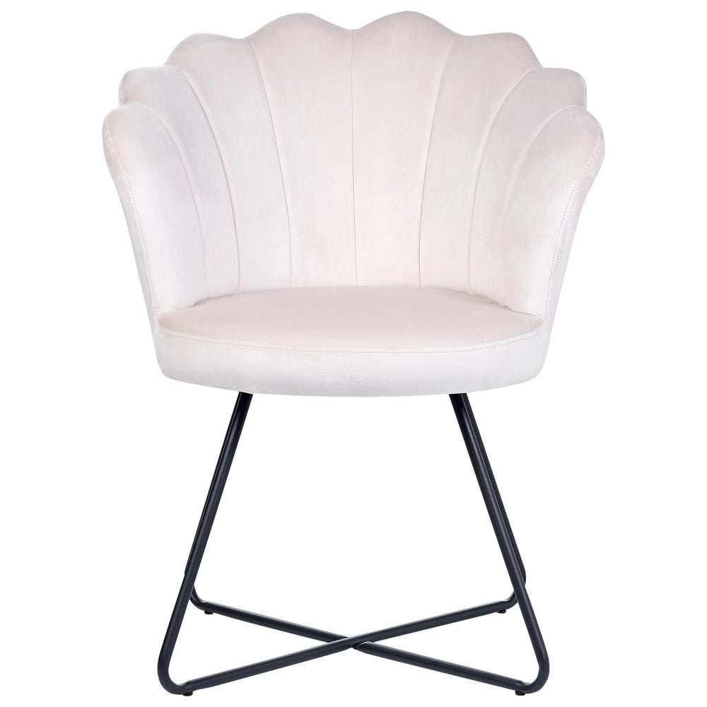 Poltrona senza braccioli Seduta rotonda Schienale a conchiglia Design vintage Rivestimento in velluto bianco sporco Design classico vintage Struttura in metallo nero