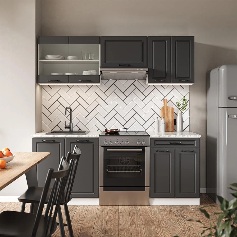 Cucina componibile R-Line, Antracite casa di campagna/bianco, 200 cm senza piano di lavoro, adatto per l'espansione individuale con moduli aggiuntivi