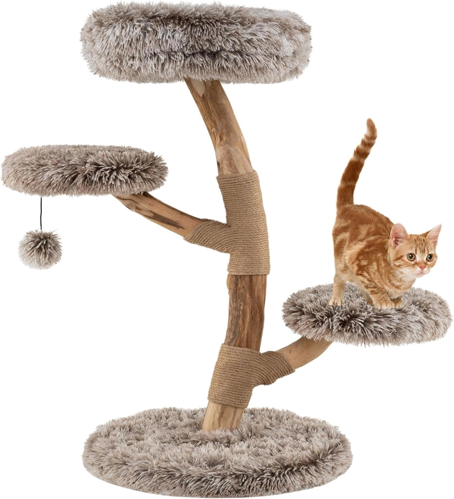 Tiragraffi per Gatti in Legno, 105 cm con 2 Posatoi e 1 Cuccia Grotta in Peluche, 1 Cesto di Vimini, 1 Pompon, Corda in Juta e Tronchi Naturali, Alberi per Gatti Stabile, Marrone