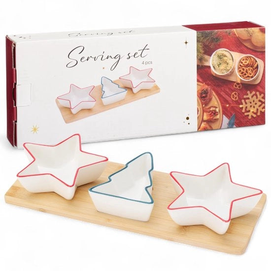 Set da servizio per Natale 4 pezzi - Piatti in ceramica stellato/abbozzo di albero - Tavola di servizio in legno - Tappeto da tavola festivo - Ideale per dips e snack - Scatola da servizio