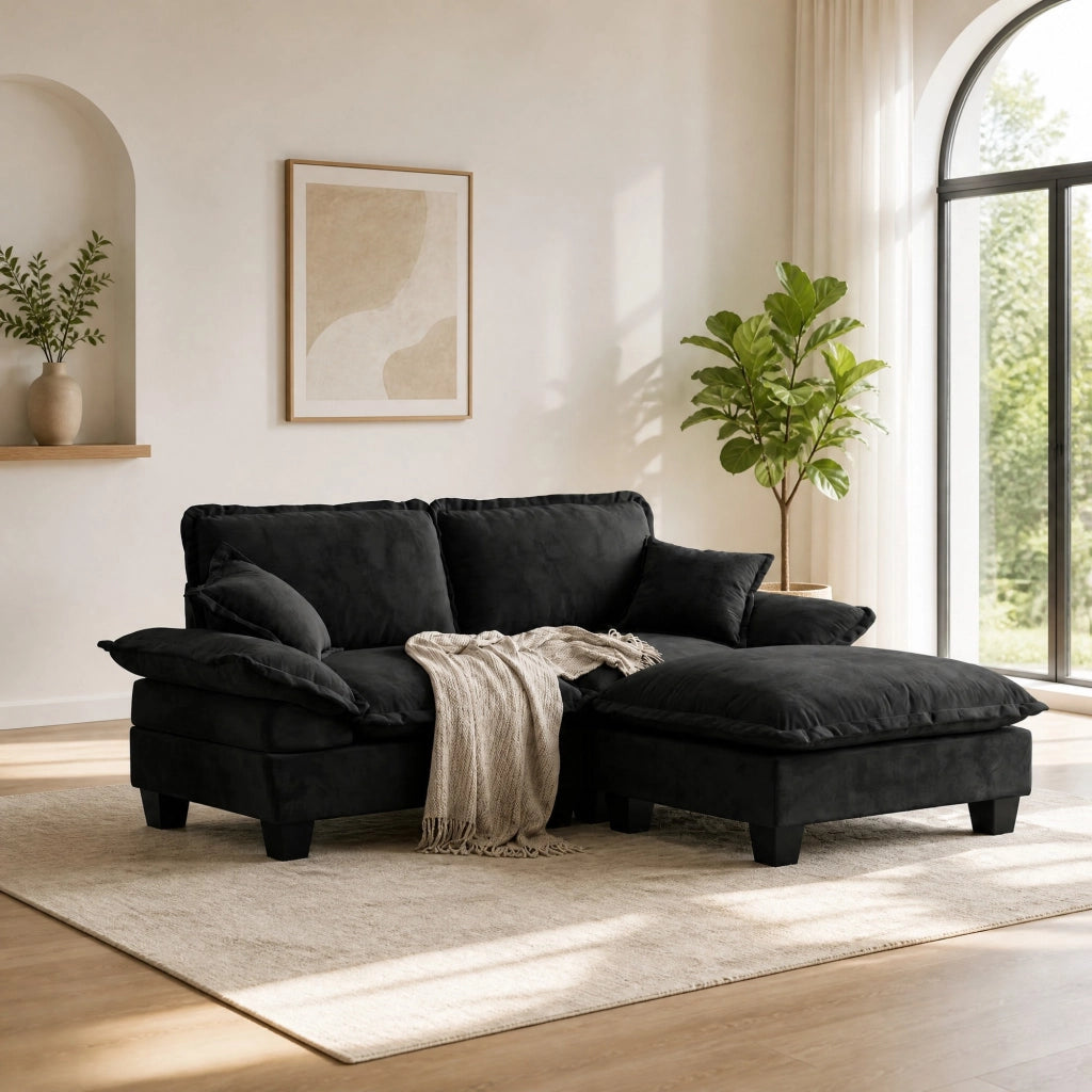 Divano modulare angolare 3 posti - con chaise longue mobile e cuscini - in ciniglia nera