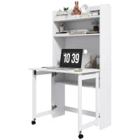 Scrivania per Computer con Scaffali per Archiviazione, Piano Ribaltabile, 2 Ruote, per Camera, Soggiorno, 80 x 69 x 153 cm, Bianco