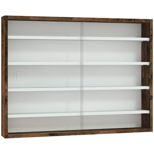 Bacheca Vetrina a Muro 4 Ripiani Regolabili 80x9,5x60 cm in Vetro e Legno Marrone