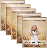 Cornice per Foto 40x50 cm Set di 5 da Parete e Tavolo, Portafoto con Cornice in Legno Massello e Pannello in Plastica, Collage Foto, Oro