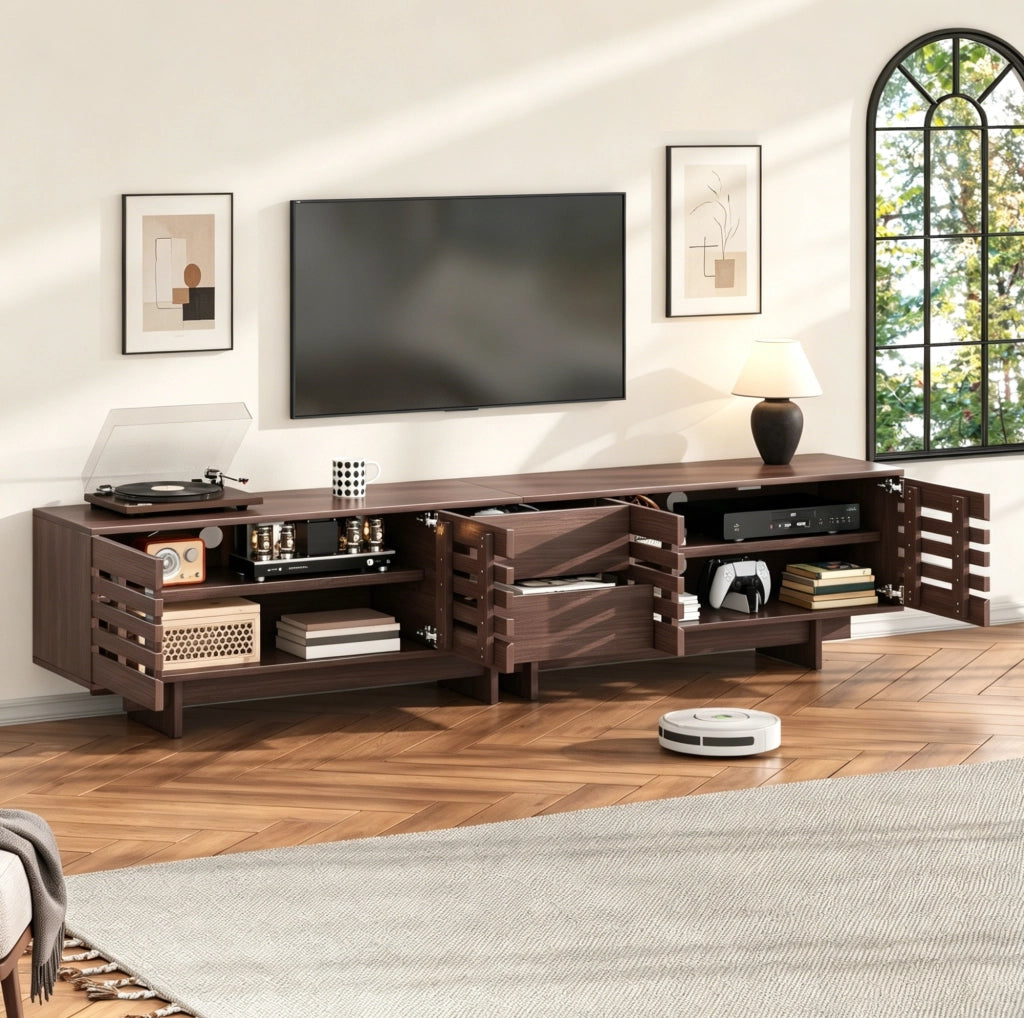 Mobile TV 200x39.5x55 cm per TV fino a 80 pollici con 2 cassetti; 4 ante; in MDF e truciolato naturale