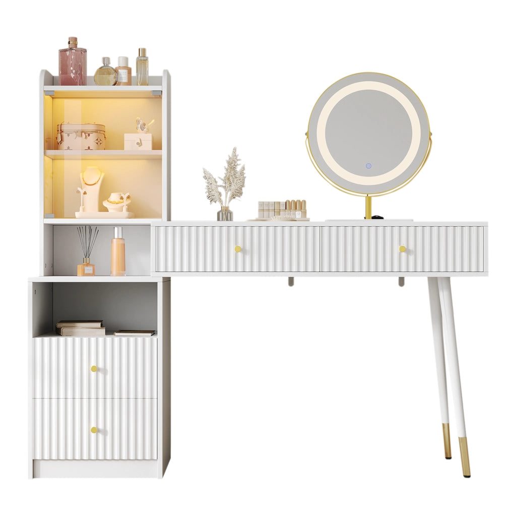 Scrivania Toeletta con Specchio LED ¨C MINIMAL ¨C Bianco, 4 Cassetti, Armadio, 100x40x125 cm