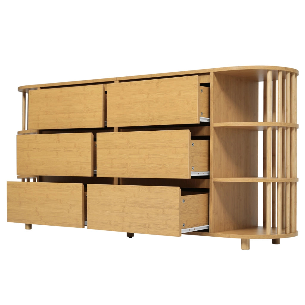 Credenza 160x40x75 cm con 6 cassetti e ripiani laterali in MDF e bambù; naturale