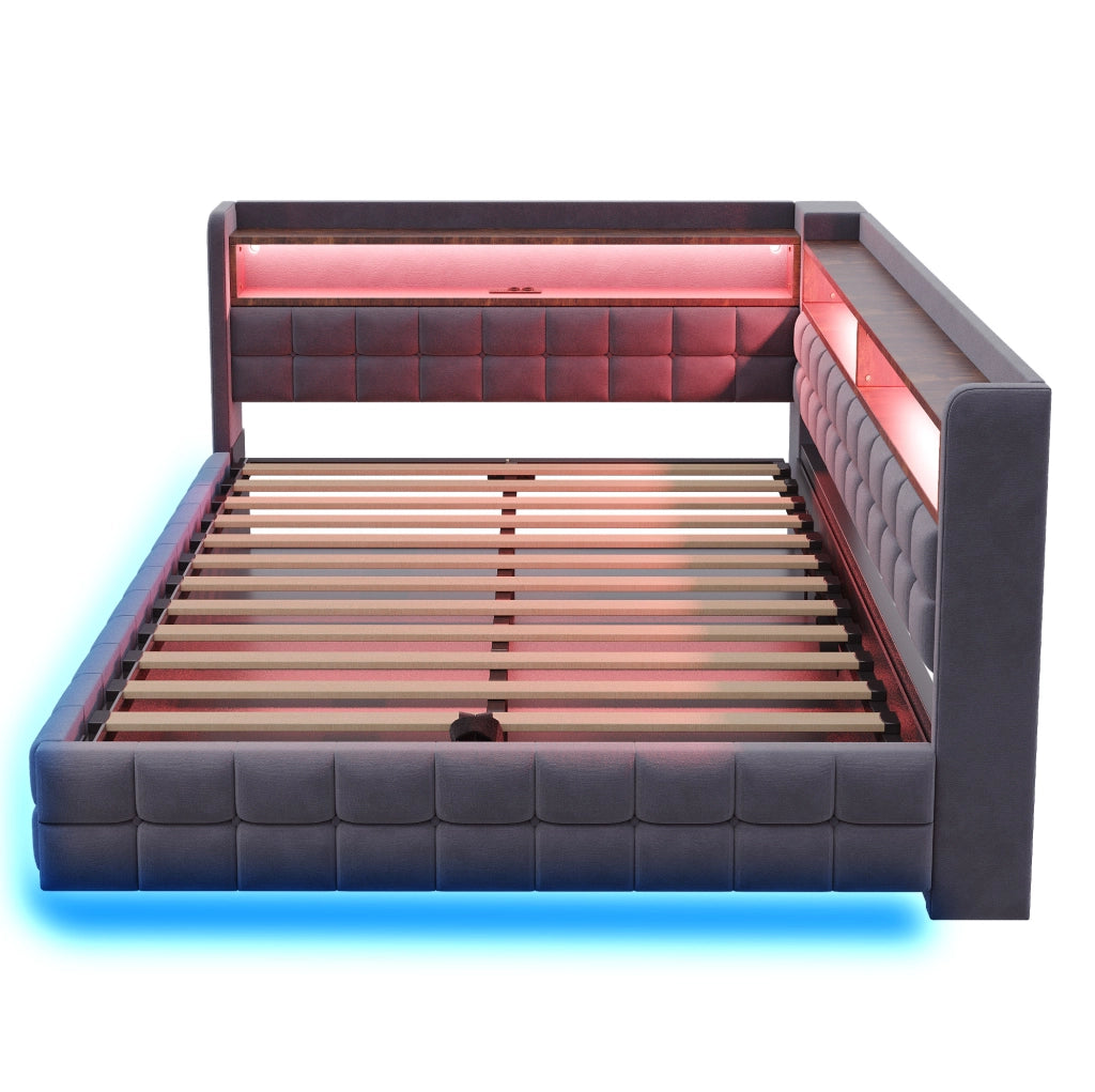 Divano letto imbottito con contenitore 140x200 cm; velluto grigio; LED; prese USB e Tipo C