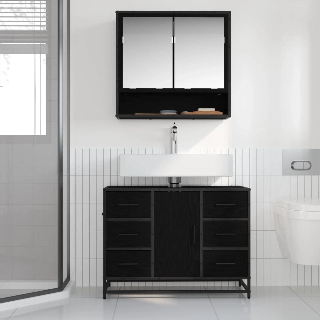 Set di mobili per il bagno 2 pcs Rovere Nero Legno multistrato