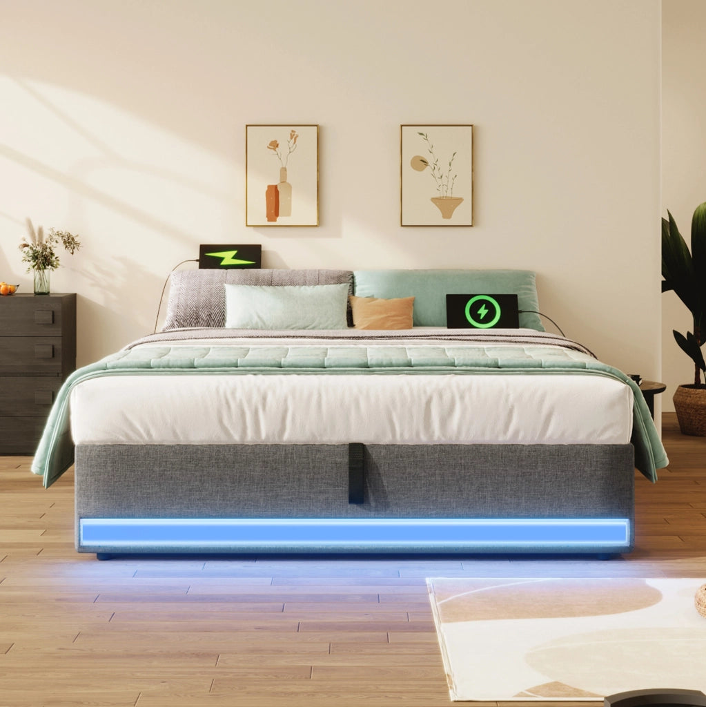 Letto imbottito 140 x 200 cm con vano contenitore idraulico; LED; USB e Type-C; grigio
