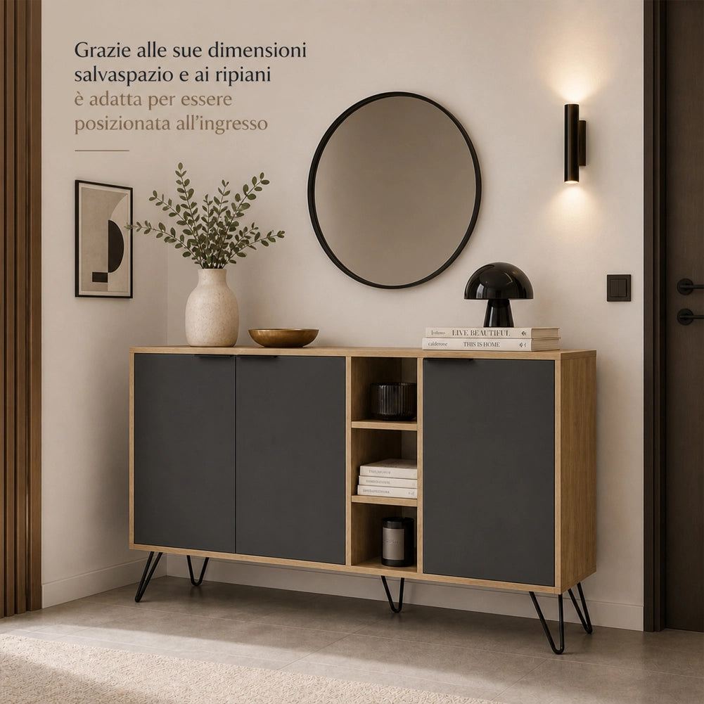 Madia Moderna Credenza con 3 Ante e Vani a Giorno 142x83 cm Rovere e Antracite