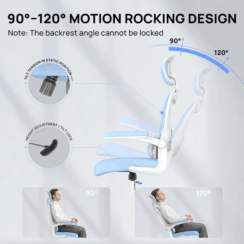 Sedia da ufficio ergonomica - Poltrona HAMLODY - con braccioli pieghevoli a 90° - Supporto lombare - Regolabile in altezza Blu