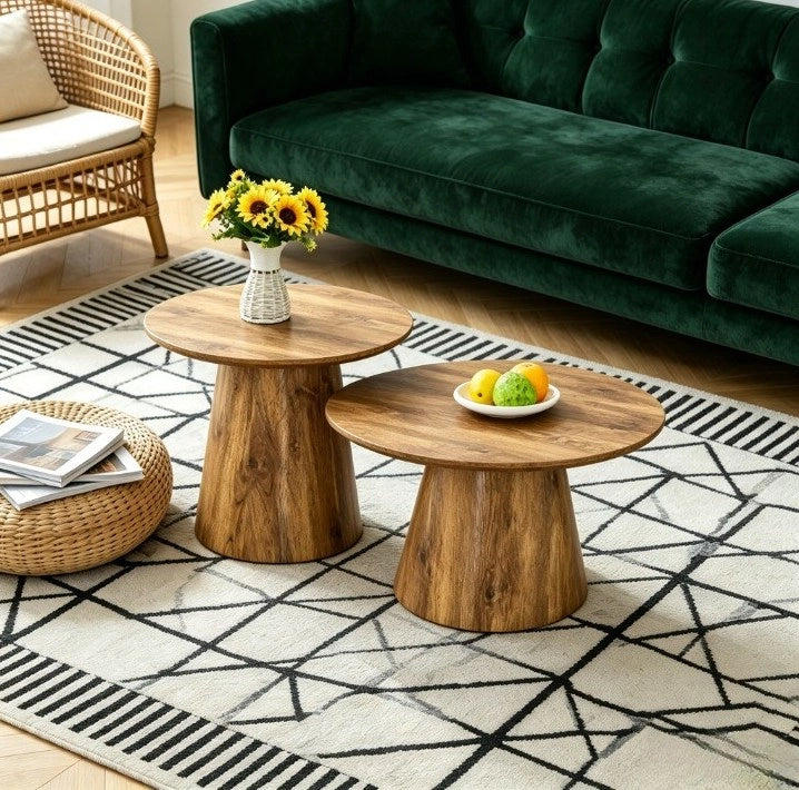 Set di 2 tavolini rotondi con effetto legno in MDF naturale