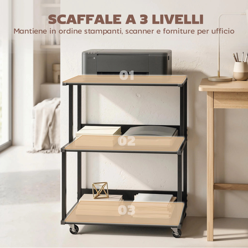 Mobile Supporto Stampante 3 livelli 50x40x75 cm con Ruote e Ripiani in Metallo Nero