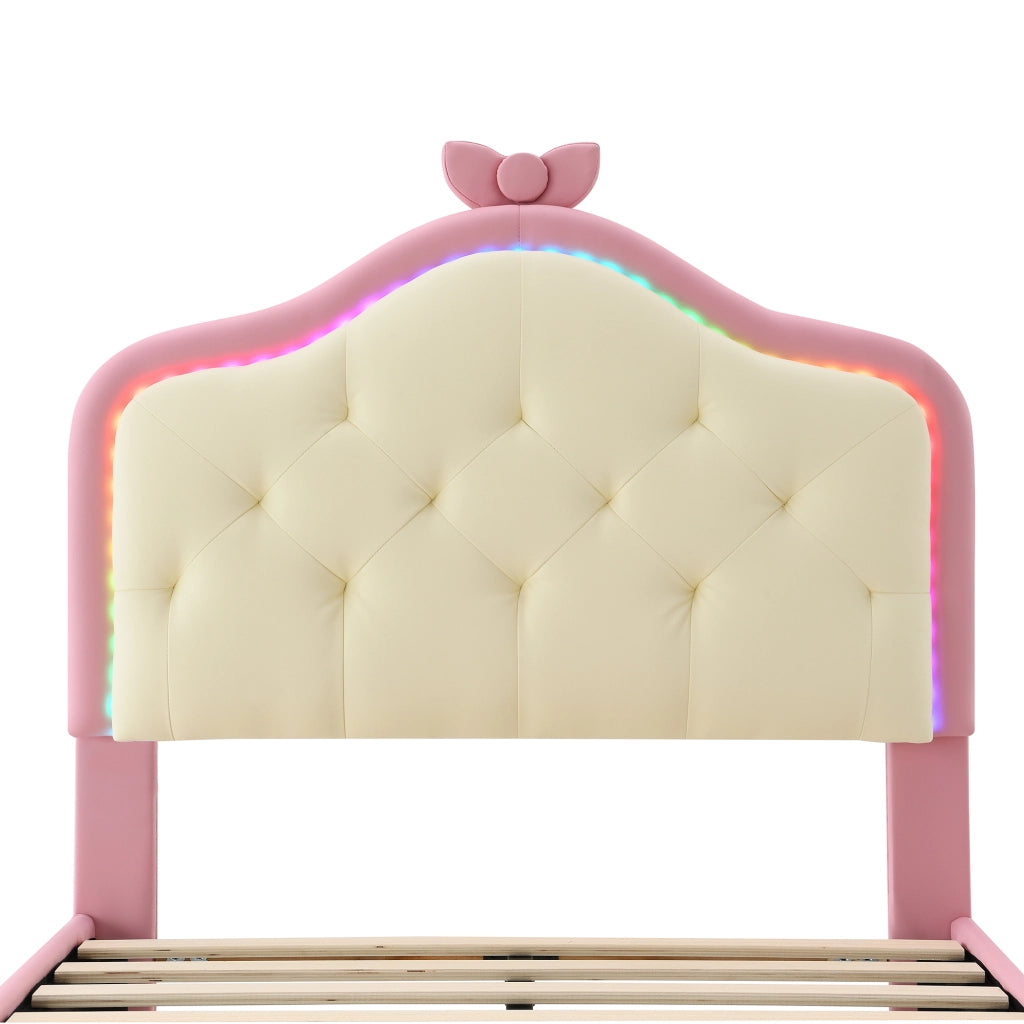 Letto singolo 90×200 cm; con testiera ondulata; fiocco rosa e LED multicolore; senza materasso; in pu bianco e rosa