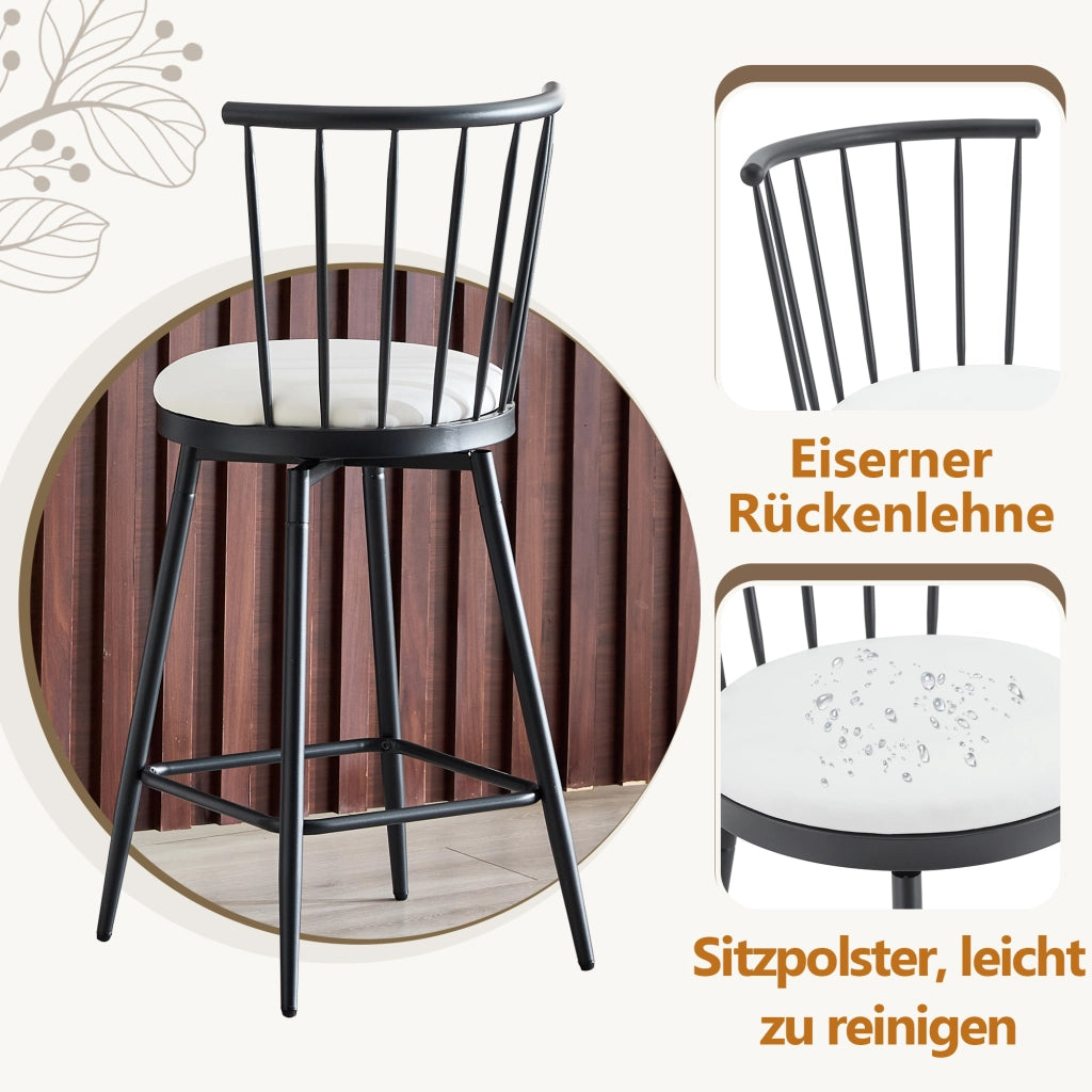 Sgabello da bar in stile Windsor con seduta imbottita e schienale curvo, in metallo e PU bianco 73.0 × 45.5 × 45.0 cm