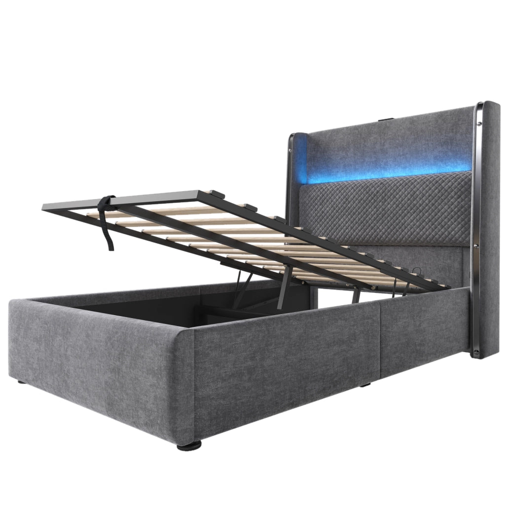Letto singolo 90x200 cm con testiera alta, LED, vano contenitore e prese USB/Type-C, grigio