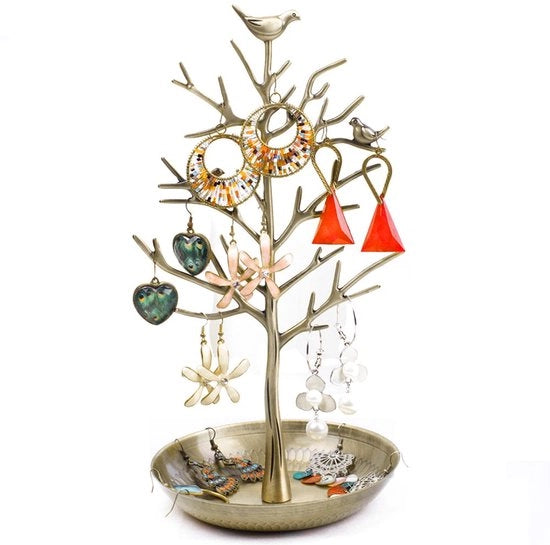 Standard per gioielli con piatto di servizio in metallo, torre di supporto in stile lussuoso, spazio di archiviazione appeso per anelli, orecchini, collane, bracciali, adatto per soggiorno, bagno, ufficio, ecc.