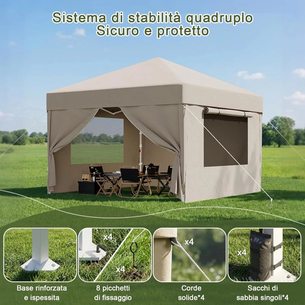 Gazebo Pieghevole con Finestra a Rete Aerata, Gazebo 3x3 Impermeabile Stabile Invernale, Gazebo Pop Up con Pareti Laterali, Protezione UV 50+, Tenda da Festa per Giardini, Campeggio (Beige)
