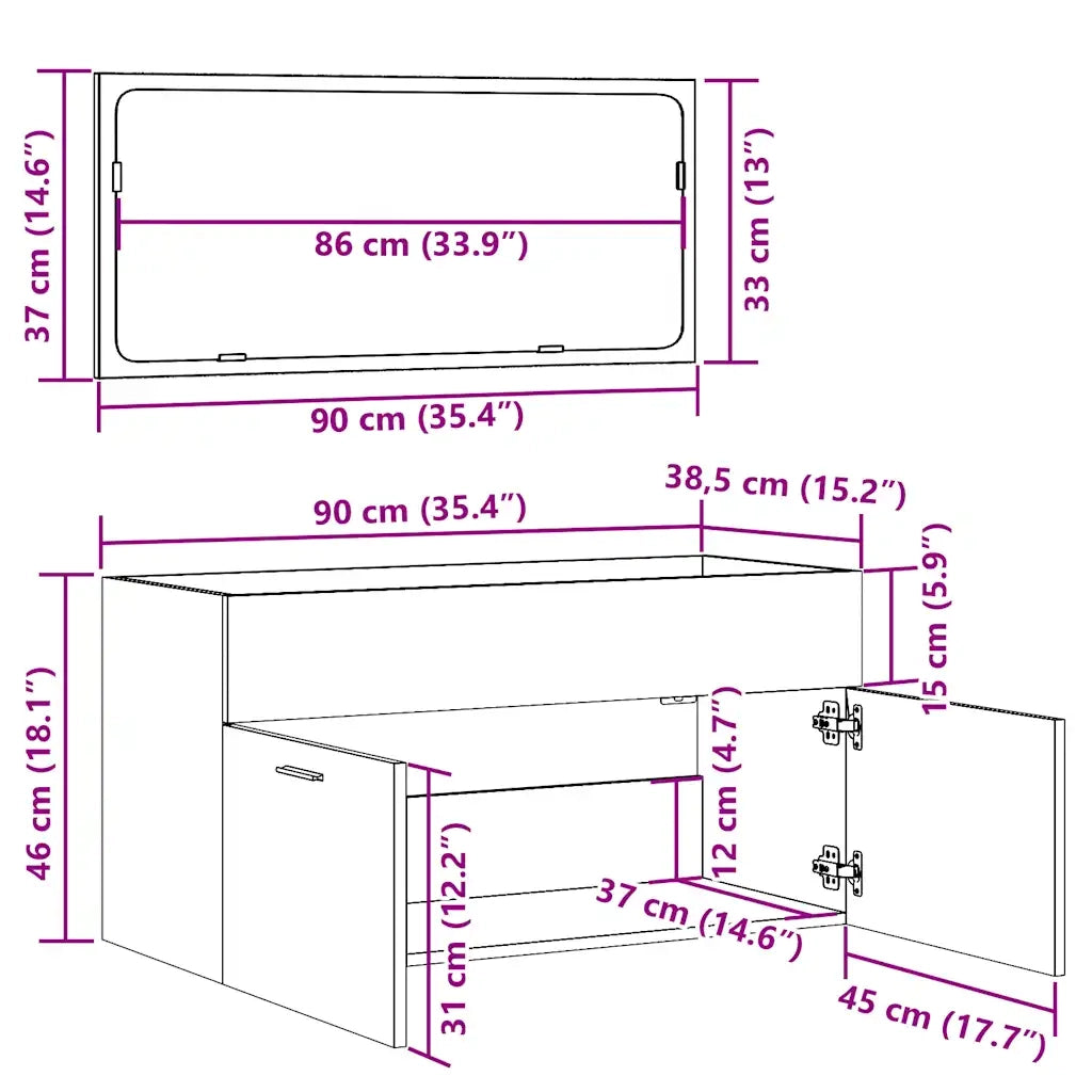 Mobiletto da bagno con specchio 90 x 38,5 x 46 cm pratico contenitore a parete in legno di rovere ingegnerizzato realizzato artigianalmente 02_0050874