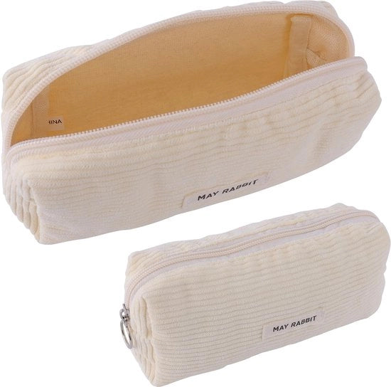 Etui unico in corduroy, portatile per materiali scolastici, grande capacità, chiusura a raccordo, etui per studenti e ufficio (19 x 6 x 7 cm, beige)
