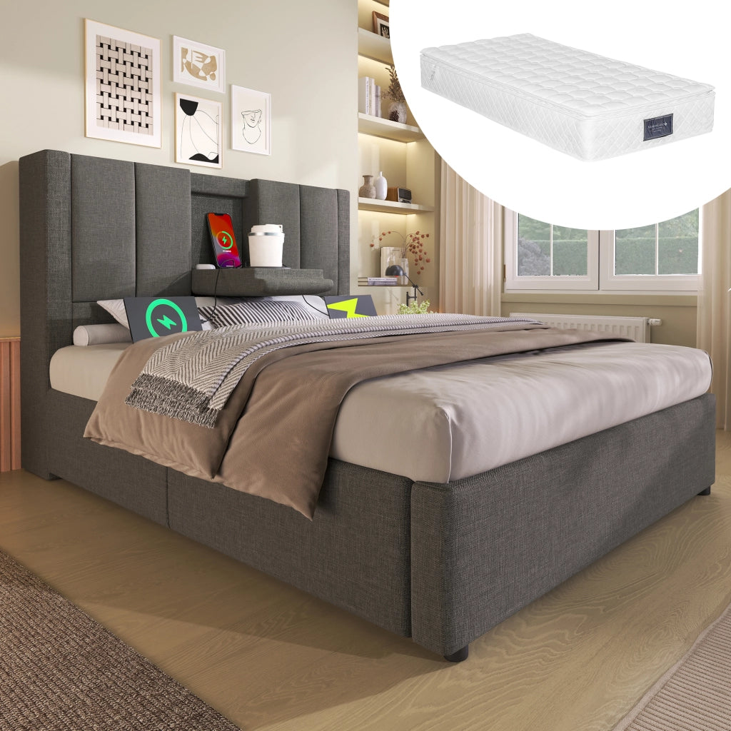 LETTO Contenitore 90x200 cm in Lino Grigio con materasso incluso