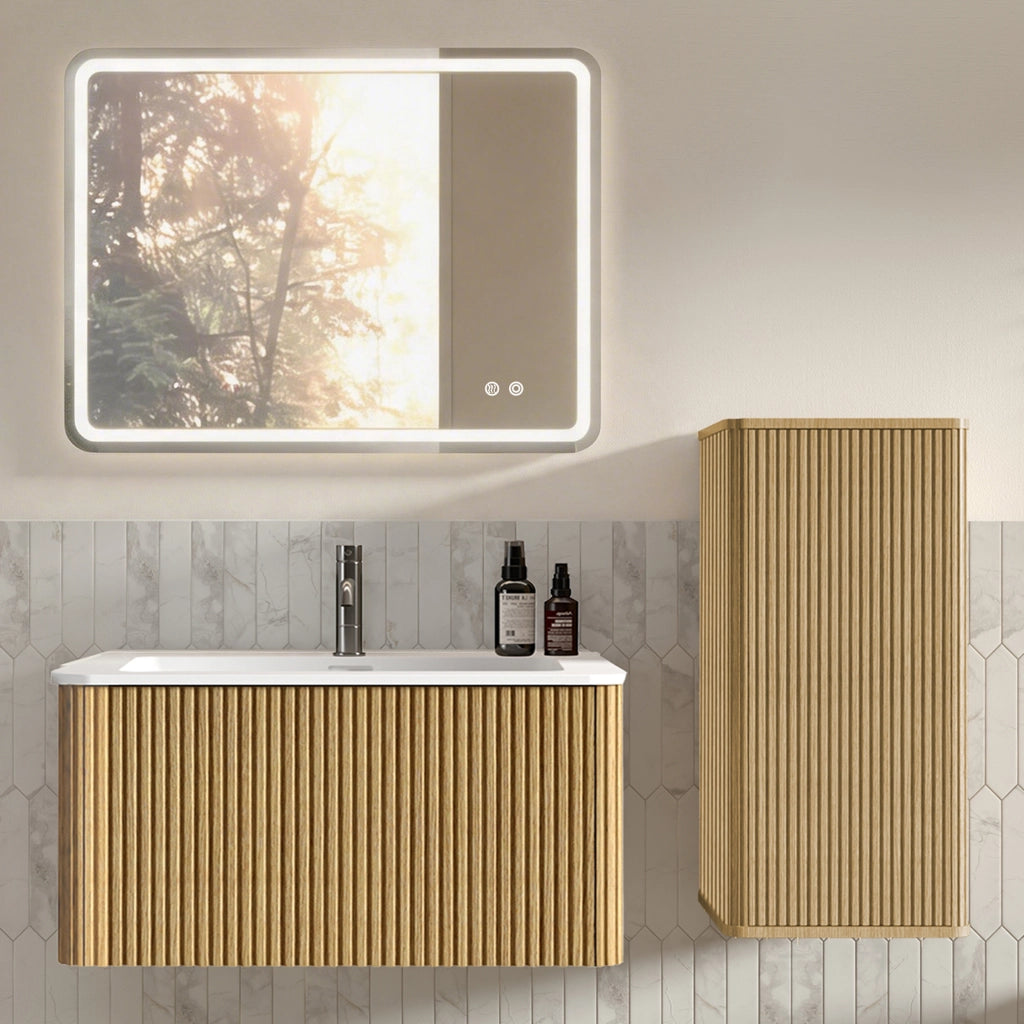 Armadietto da bagno sospeso con lavabo in pietra artificiale, specchio LED e colonna, effetto rovere