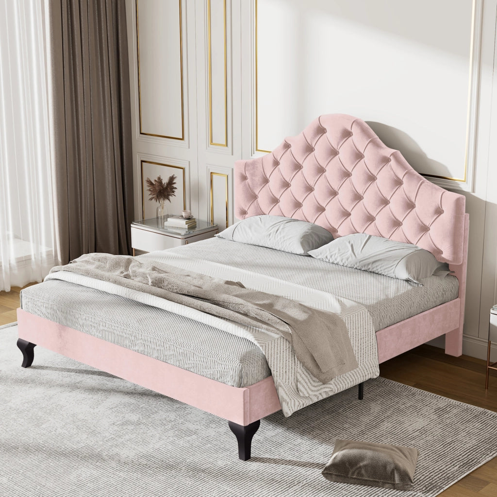 Letto imbottito 140x200 cm in velluto rosa con rete a doghe e testiera regolabile