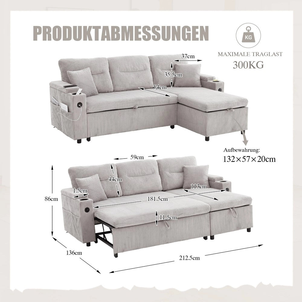 Divano 3 posti con contenitore e chaise longue ¨C Minimal ¨C Grigio corda, idraulico, con porta bevande e USB-C