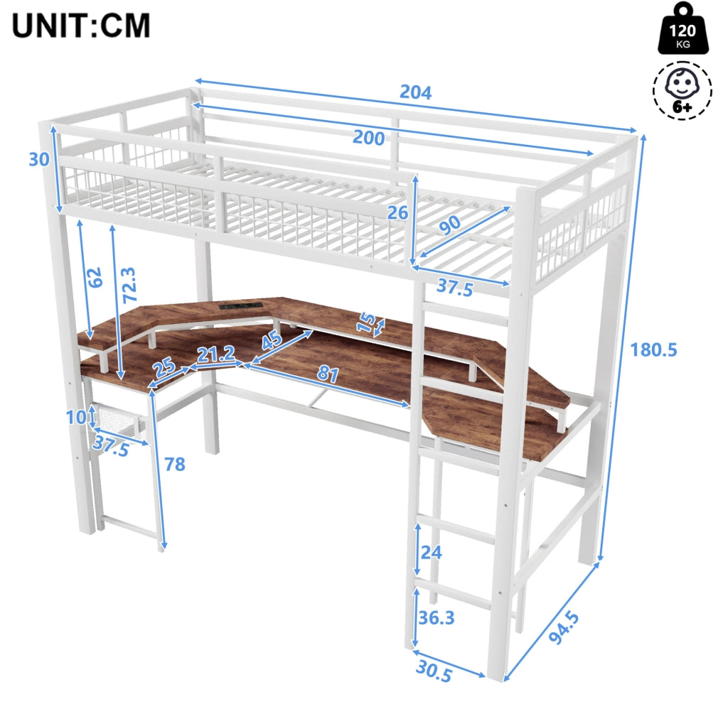 Letto a soppalco 90x200 cm con scrivania; LED; USB; Type-C e prese; metallo e MDF; bianco
