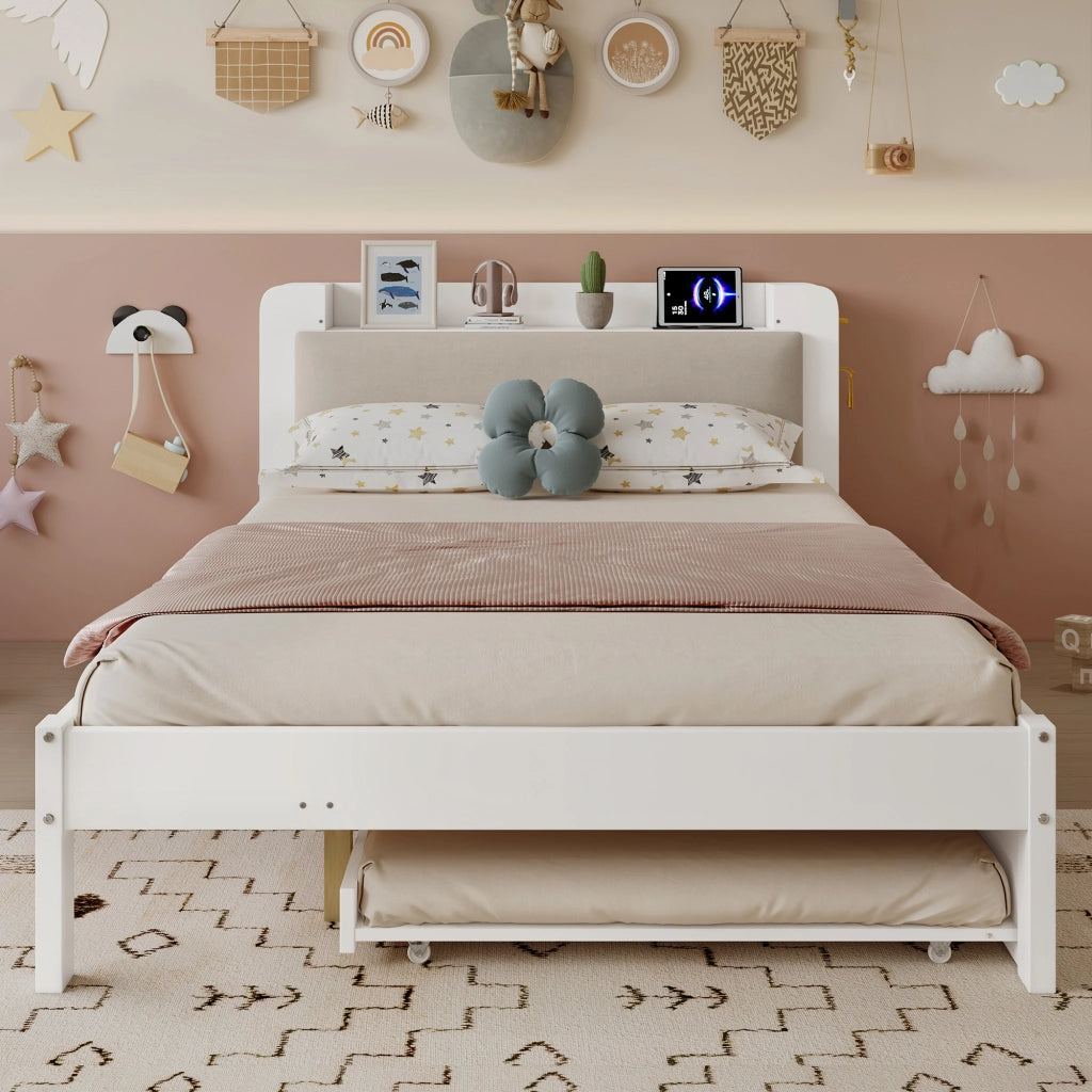 Letto Estraibile 120x200 cm; Letto 2 Posti con Stazione di Ricarica e Mensole - Bianco