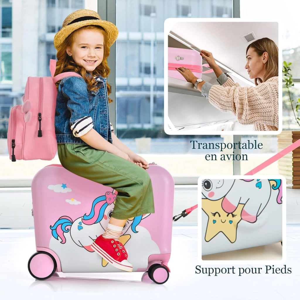 Set di Valigia Cavalcabile 18’’ + Zaino 12’’ per Bambini 2 Pezzi, Bagagli 2-in-1 di con Maniglia Telescopica e 4 Ruote, Trolley Bagaglio a Mano e Zaino per Bambini (Rosa Unicorno-C)