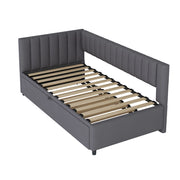 Letto estraibile una piazza e mezza 90×200 cm e 180×200 cm con divano a L; senza materasso; velluto; grigio