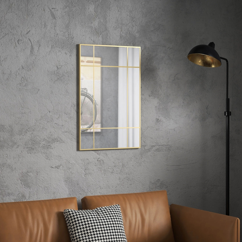 Specchio da Parete Stile Finestra 90x60 cm con Montaggio Verticale e Orizzontale in Vetro Oro