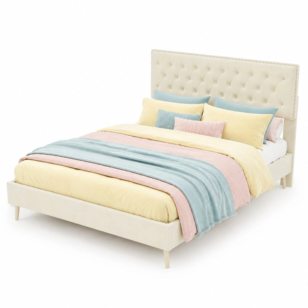 Letto matrimoniale 140x200 cm in velluto olandese beige con testiera alta