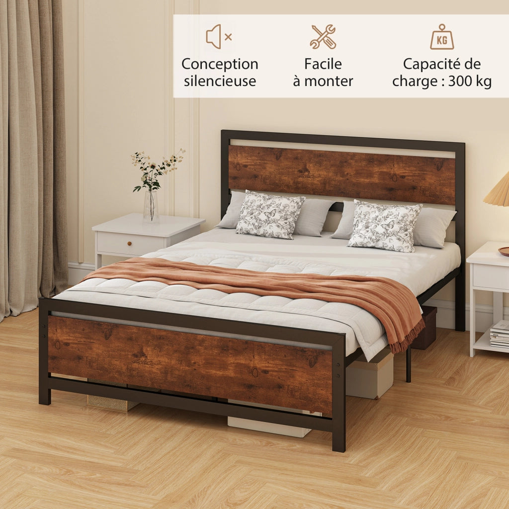 Letto Matrimoniale in Acciaio con Testiera e Rete a Doghe ¨C Zephmum ¨C 140x190 cm Marrone
