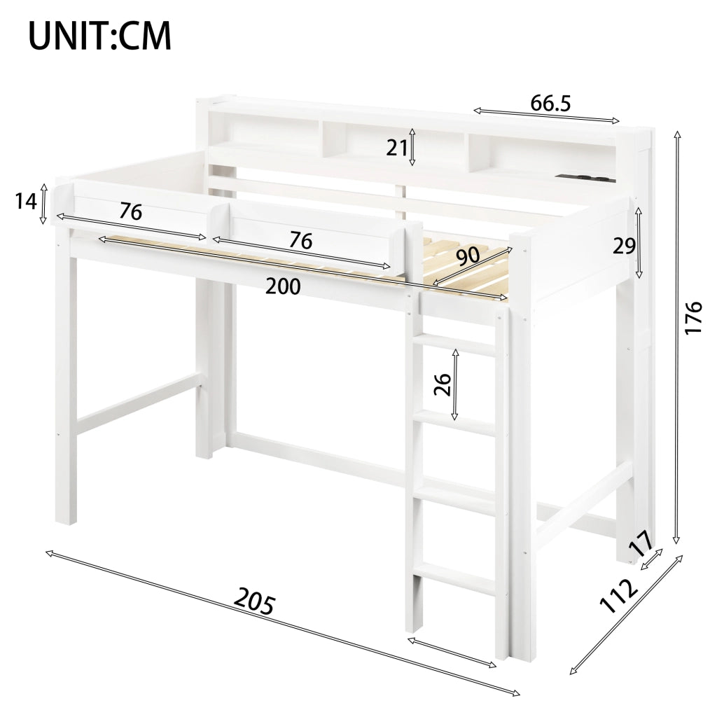Letto a soppalco 90x200 cm, letto per bambini in legno, con vano portaoggetti, illuminazione a LED, porta USB, bianco