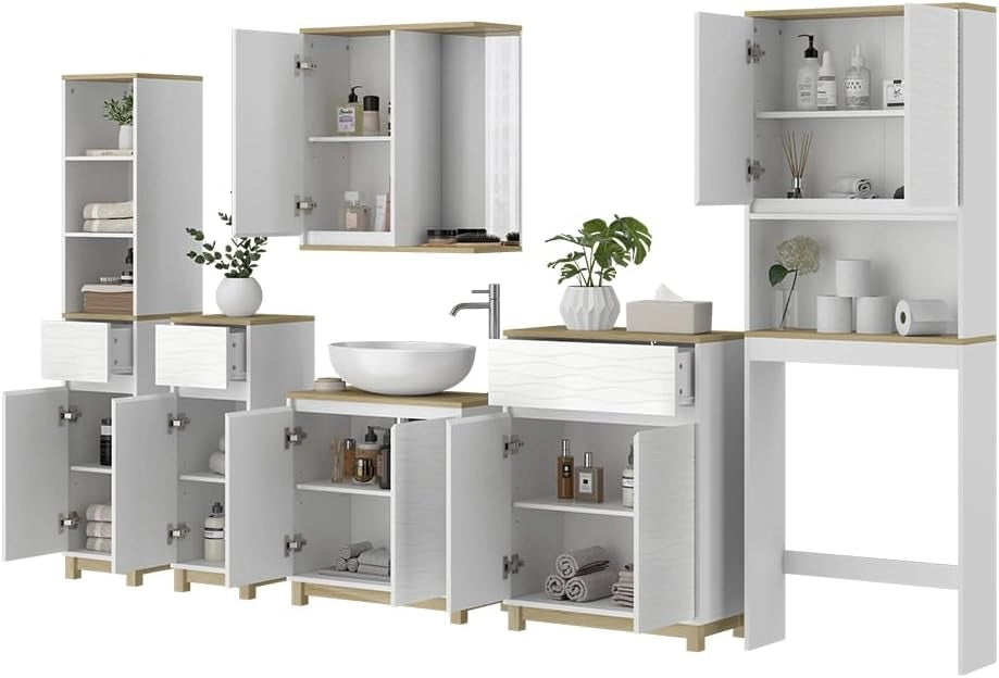 Set di mobili da bagno Livia, Bianco/quercia, 60 cm, composto da armadietto a specchio, base lavabo, 2x colonne medie, colonna alta e mobile WC