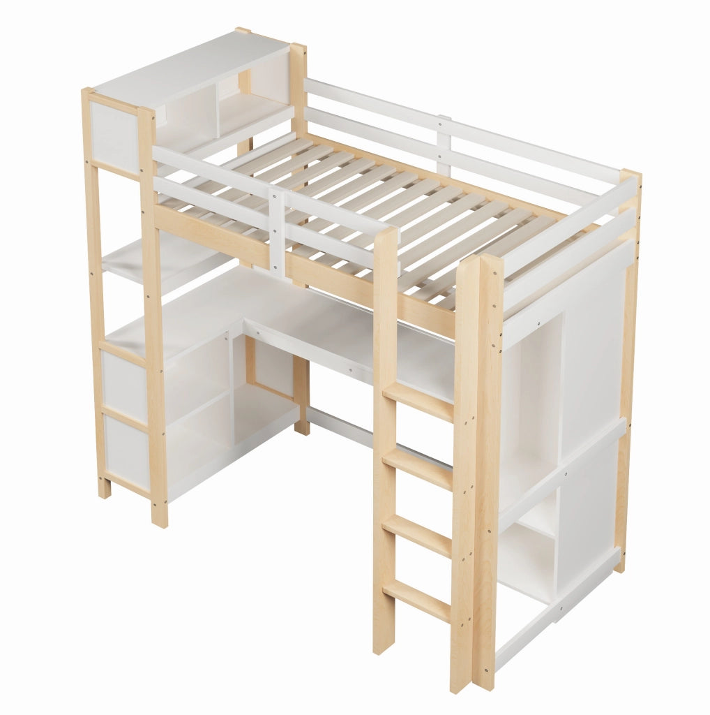 Letto a soppalco 90x200 cm con scrivania, armadio e ripiani in pino, MDF e compensato